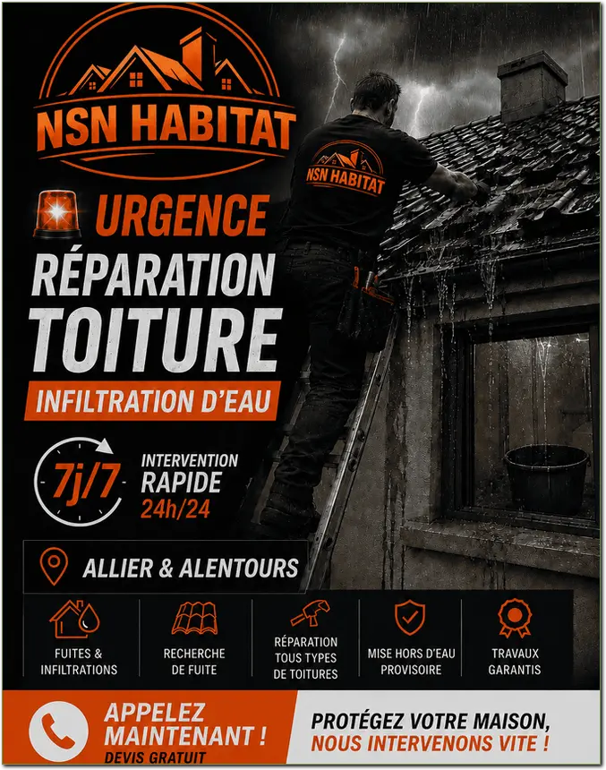 Réparation urgente de toiture cause tempête Allier (03)